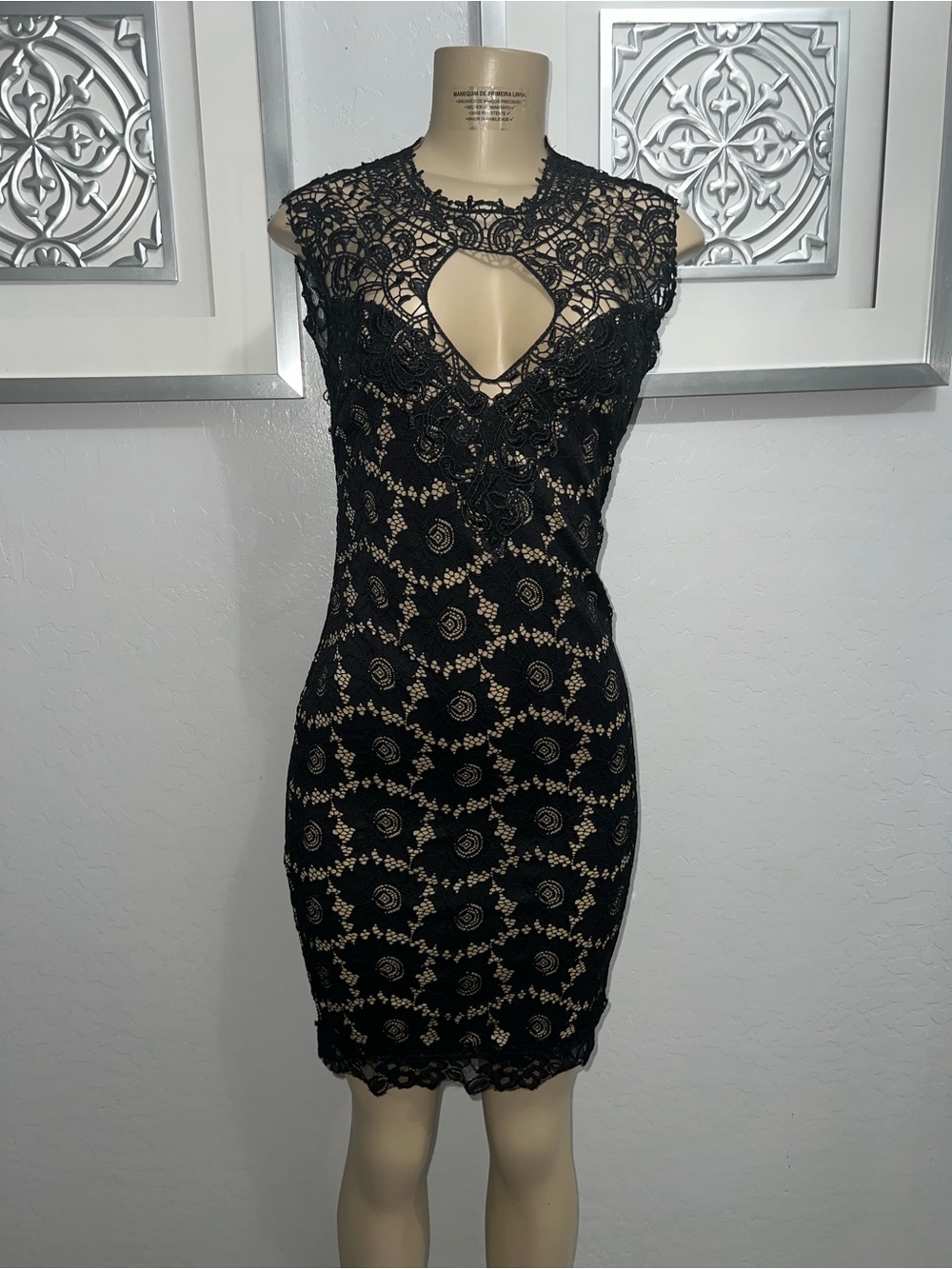 Black Lace Overlay Keyhole Sheath Dress